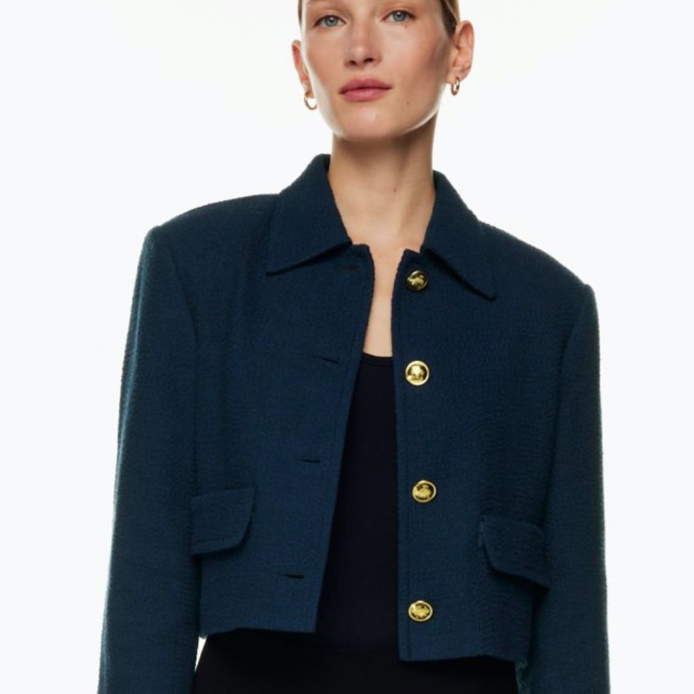 Vintage royal blue with golden metal button tweed crew neck jacket size L